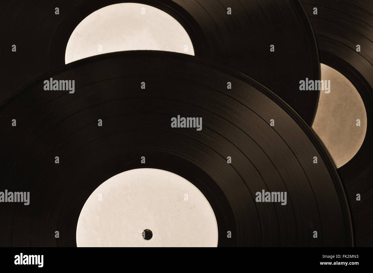 Sammlung von Schallplatten. Vintage und Retro Hintergrund Sepia Themen Stockfoto