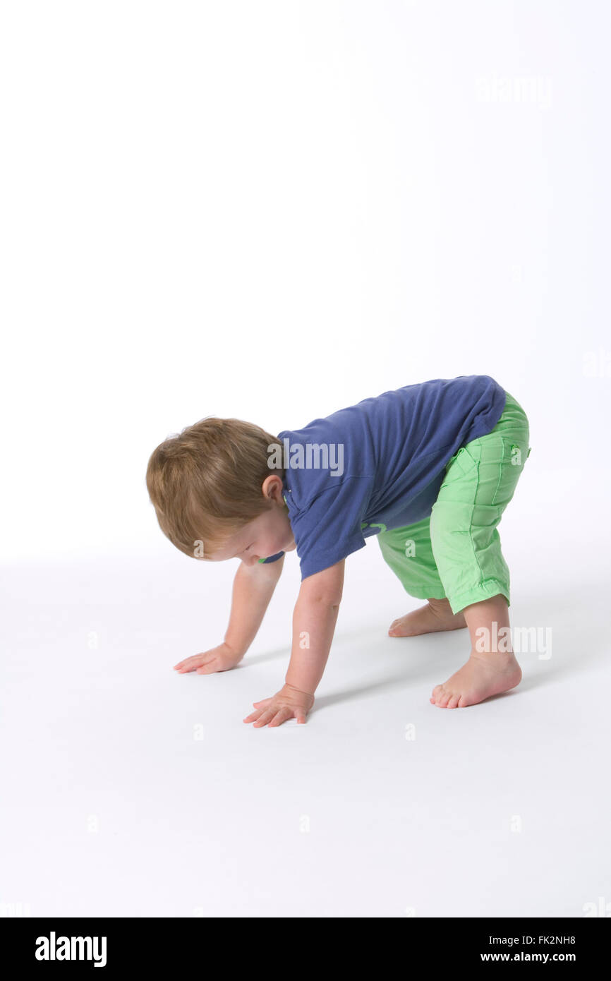 Kleinkind Boy ist stehend auf Händen und Füßen versucht, Get Up auf weißem Hintergrund Stockfoto