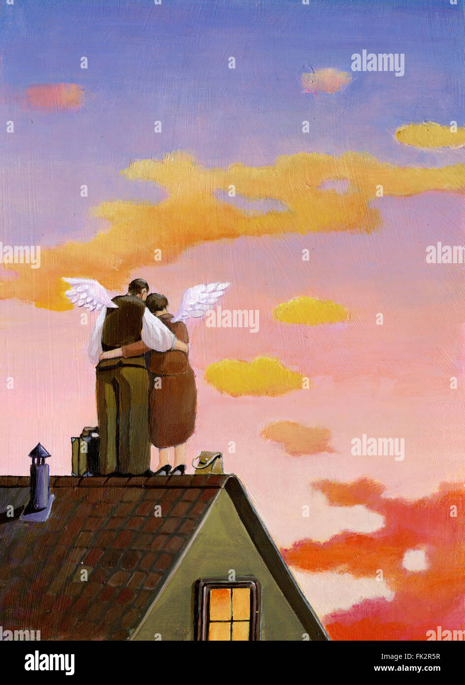 Sonnenuntergang Flügel union Liebe Ehe verlassen Dach romantischen Abend Atmosphäre süße Illustration Kunst Hintergrund Konzept surreale fa Stockfoto