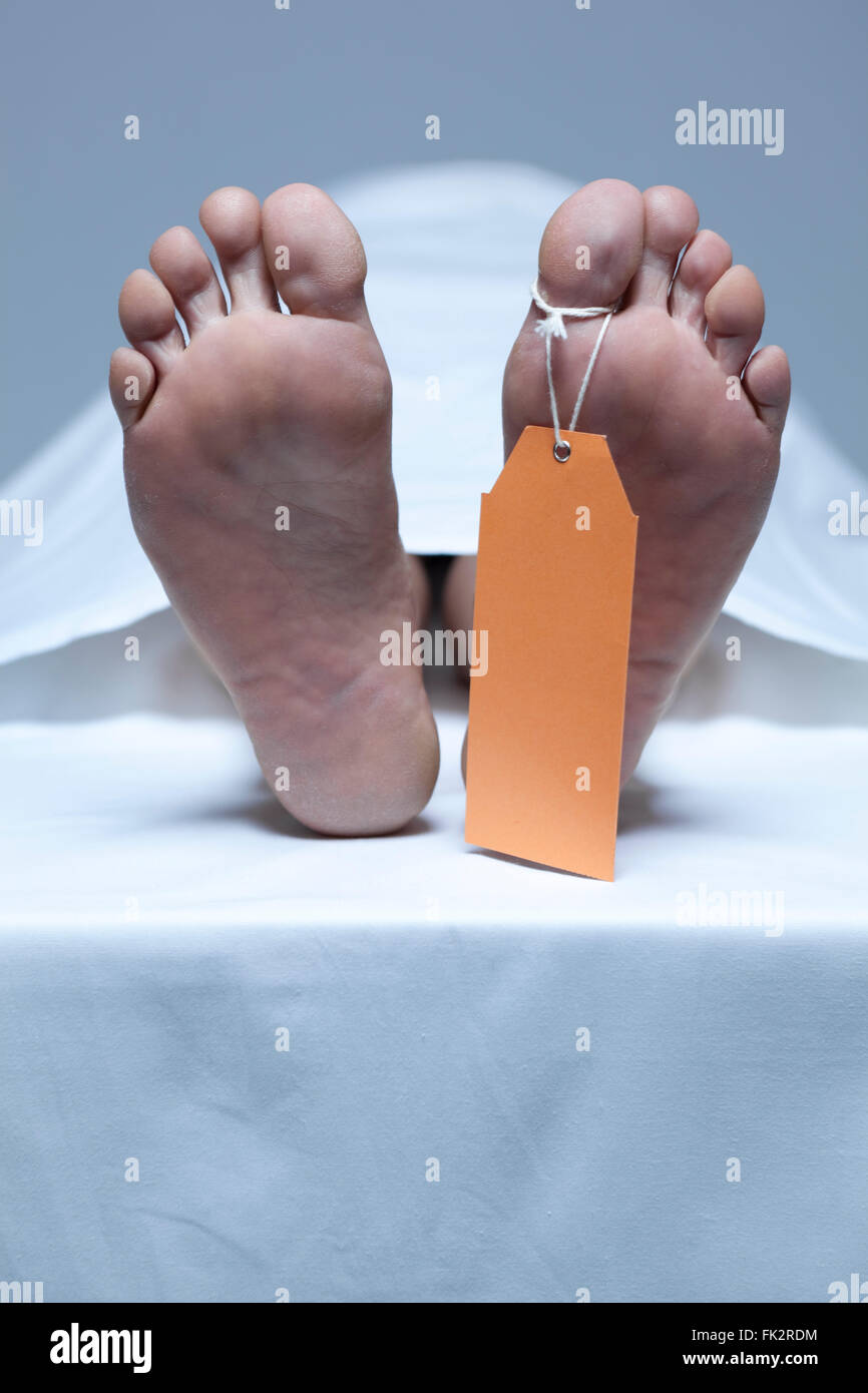Beschriftete Füße einer Leiche In der Leichenhalle Stockfoto