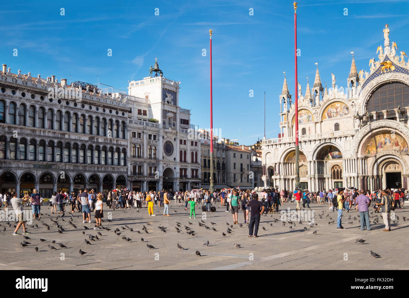 Touristen und Tauben an einem sonnigen Nachmittag auf der Piazza San Marco, Venedig Stockfoto