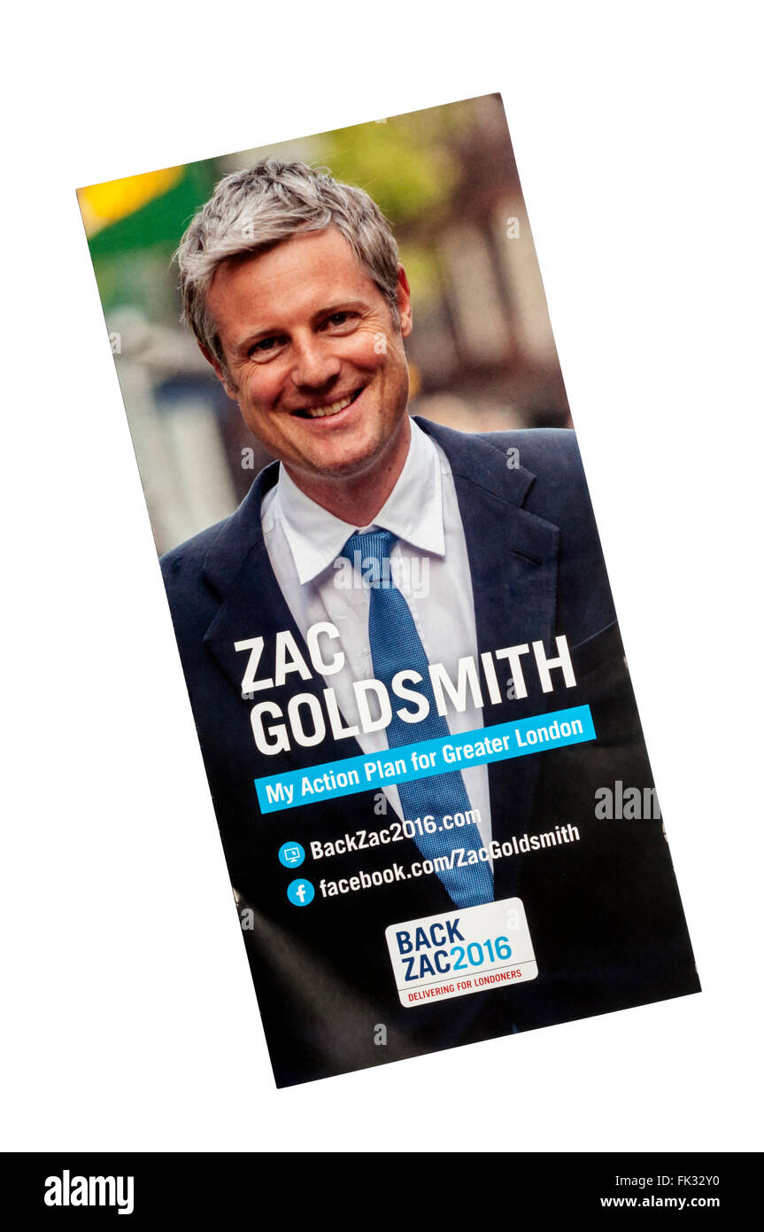 ConservativeParty Merkblatt für London Versammlung Wahl im Jahr 2016, Zac Goldsmith für das Bürgermeisteramt zu fördern. Stockfoto