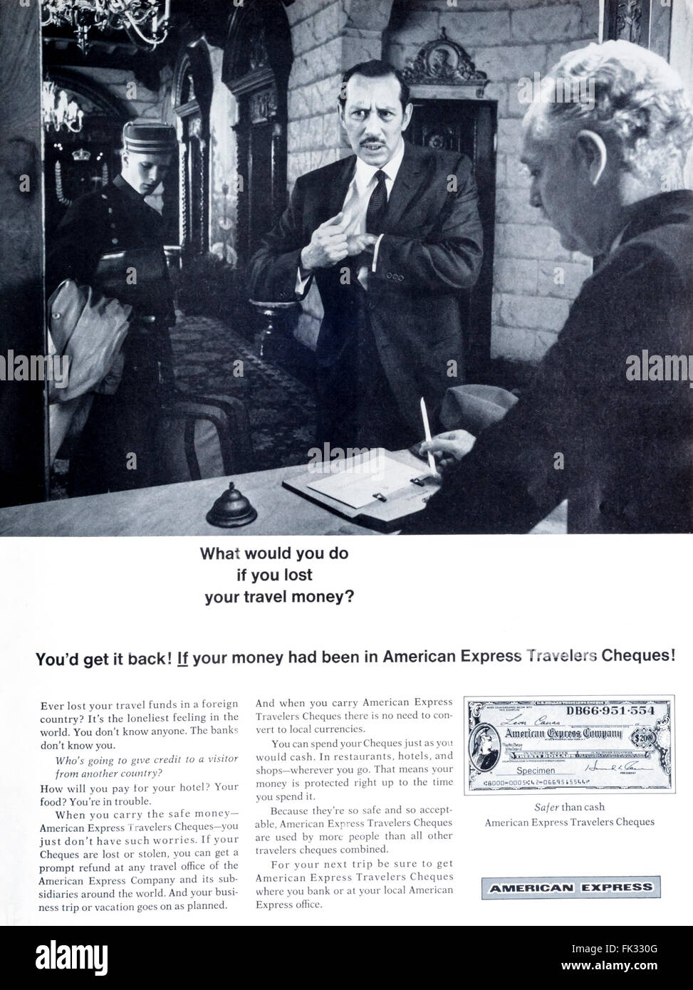 1960er Jahre Magazin Werbung Werbung American Express Travelers Cheques oder Reiseschecks. Stockfoto