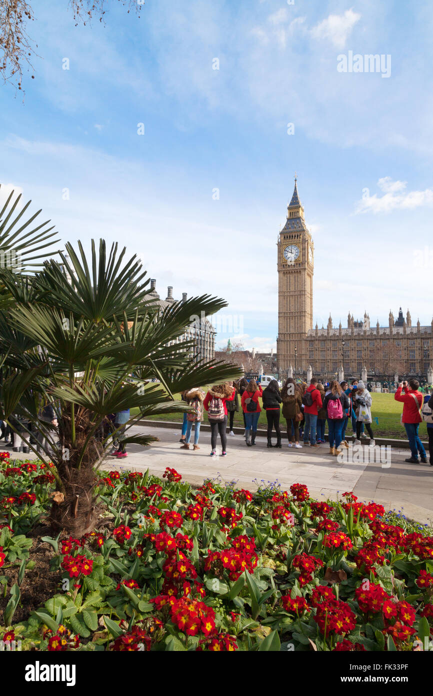 Touristen, die gerne an Big Ben und Parliament Square im Frühjahr, London UK Stockfoto