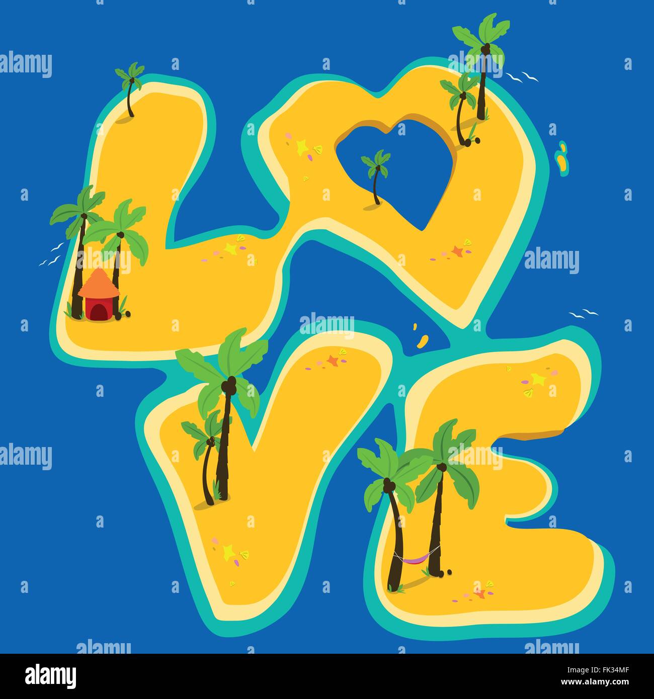Tropische Inseln bilden das Wort Liebe. Stock Vektor