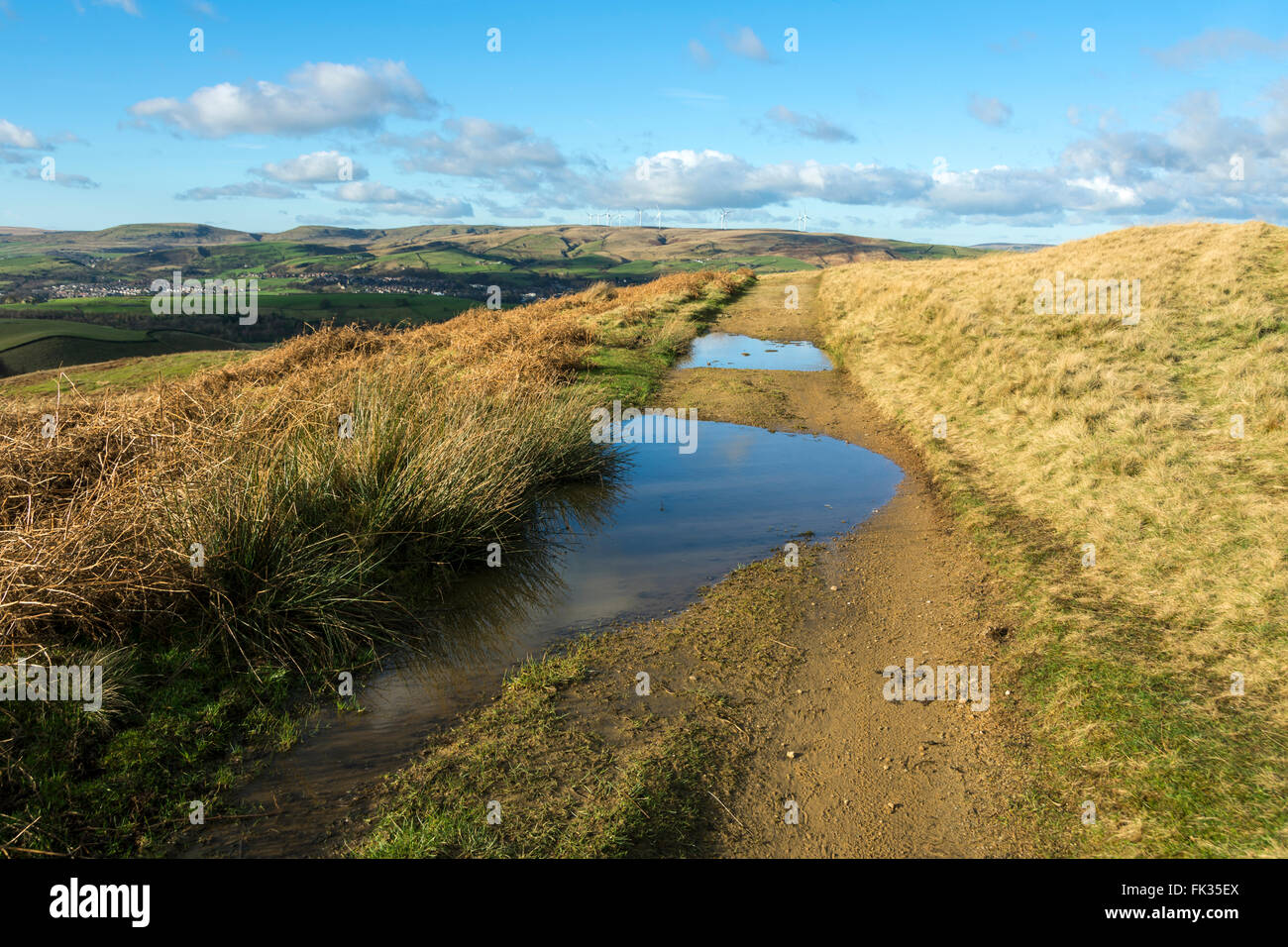 Wasserlachen auf dem Bauernhof verfolgen auf Syke Moor, in der Nähe von Littleborough, größere Manchester, UK Stockfoto