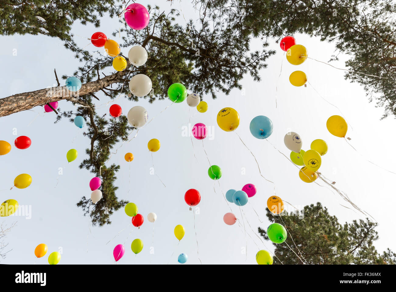 Sofia, Bulgarien - 29. Februar 2016: Dutzende von bunten Luftballons in den Himmel der internationalen seltene Krankheit Da erscheinen Stockfoto