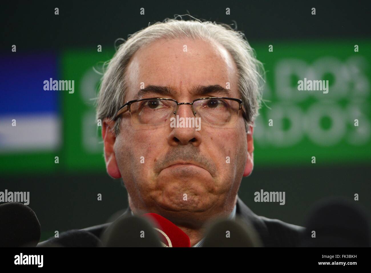 Brasilien-Sprecher des Hauses Eduardo Cunha während einer Pressekonferenz 18. Februar 2016 in Brasilia, Brasilien. Cunha wird wegen Korruption und Schweizer Geheimkonten untersucht. Stockfoto