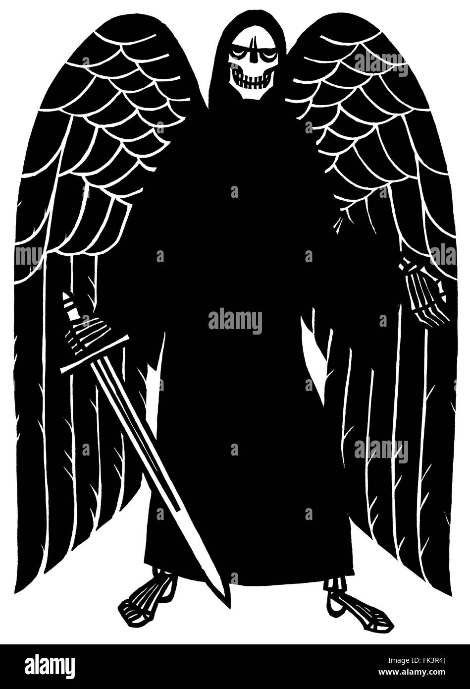 Holzschnitt, schwarzer Engel des Todes mit Schwert Stockfoto