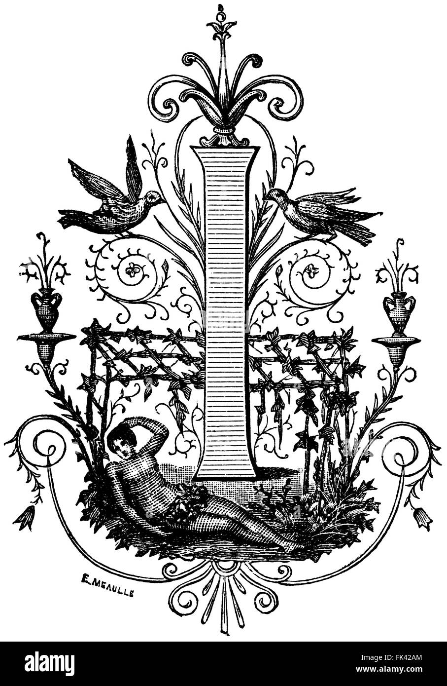 Vintage Deko initial "I" mit Vögel und Sonnenbaden Lady von Fortuné-Louis Méaulle Stockfoto
