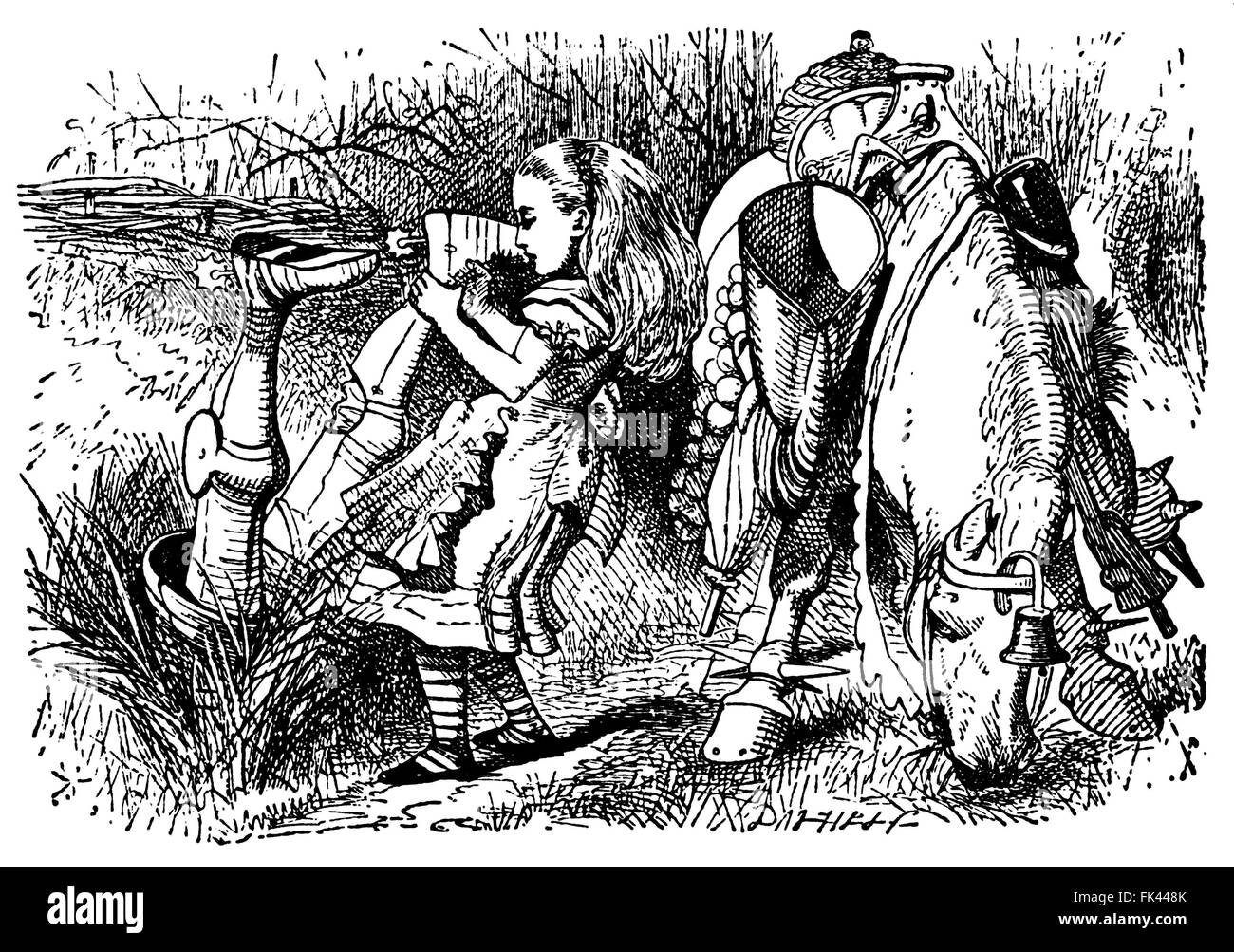 Alice in einem Wald mit weißer Ritter kopfüber neben ihr, vom Pferd gefallen.  Alice Through the Looking Glass. Stockfoto