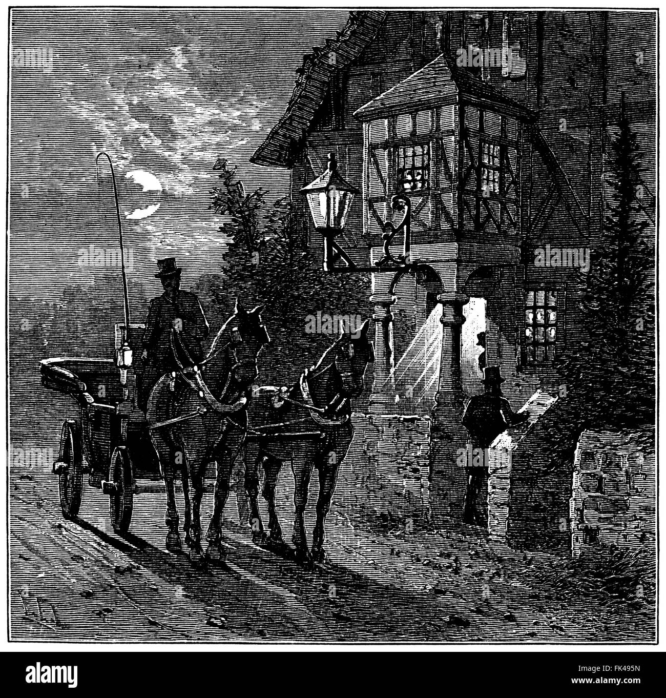 Ankunft im Victorian Inn in der Nacht - Vintage illustration Stockfoto