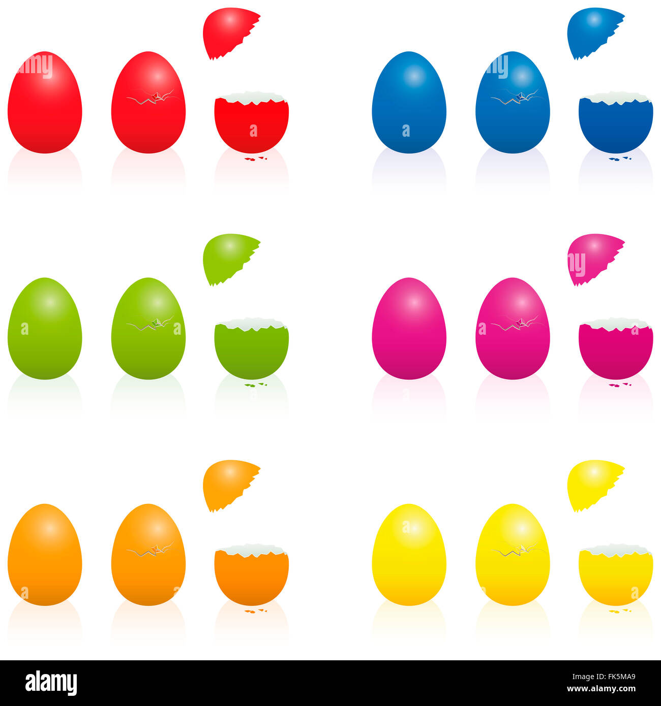 Ostereier - Füllung können geknackt Verpackung in verschiedenen leuchtenden Farben. Dreidimensionale Darstellung über weiß. Stockfoto