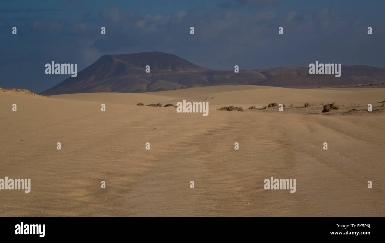 Muster im Sand unter einem tiefblauen Himmel, Natural Park, Corralejo, Fuerteventura, Kanarische Inseln mit Bergen in der Hinterg Stockfoto