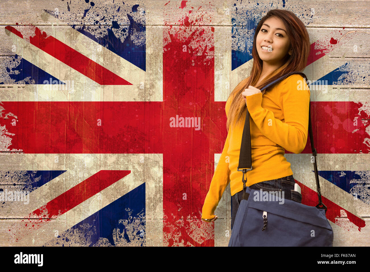 Zusammengesetztes Bild des weiblichen College-Student mit Tasche im park Stockfoto