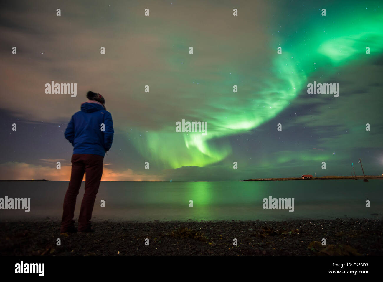 Touristen, die gerade die Nordlichter (Aurora Borealis), Reykjavik, Iceland, Polarregionen Stockfoto