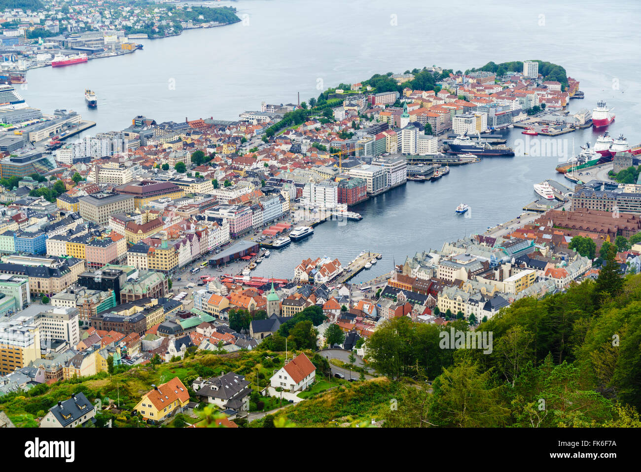 Blick über die Stadt vom Berg Floyen, Bergen, Norwegen, Skandinavien, Europa Stockfoto