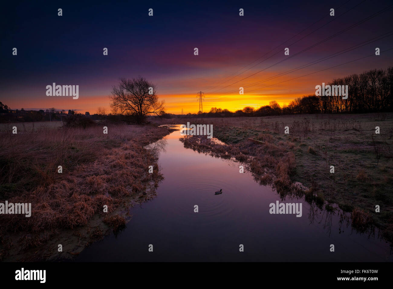 Am frühen Morgen Ansicht der Morgendämmerung in die Sonne beginnt zu erscheinen auf den Fluss Nene (Old Course} am unteren Rushmere rd, Northampton Stockfoto