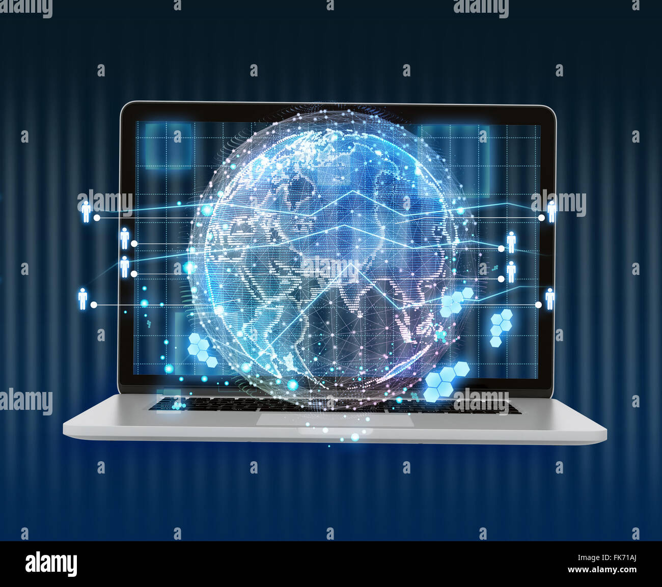 Laptop und abstrakte digitale Weltkarte der globalen Telekommunikationsnetz Stockfoto
