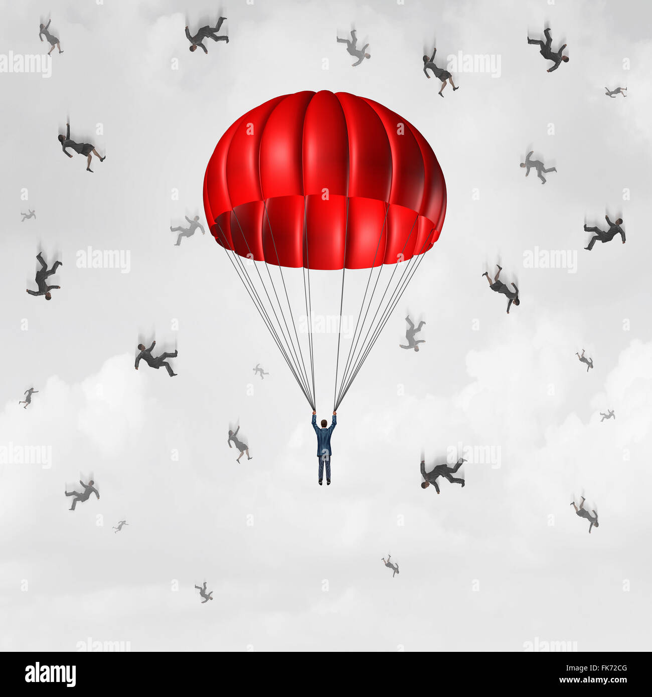 Fallschirm-Business-Konzept als geschützte und Versicherten Fallschirmspringer Geschäftsmann mit einer Gruppe von freien fallen und stürzen Geschäftsleute als Symbol für seine Bereitschaft, mit entsprechender Unterstützung und Vorteile. Stockfoto