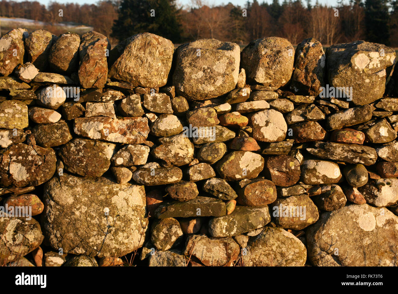 Trockenen Steinmauer im Winterlicht Stockfoto