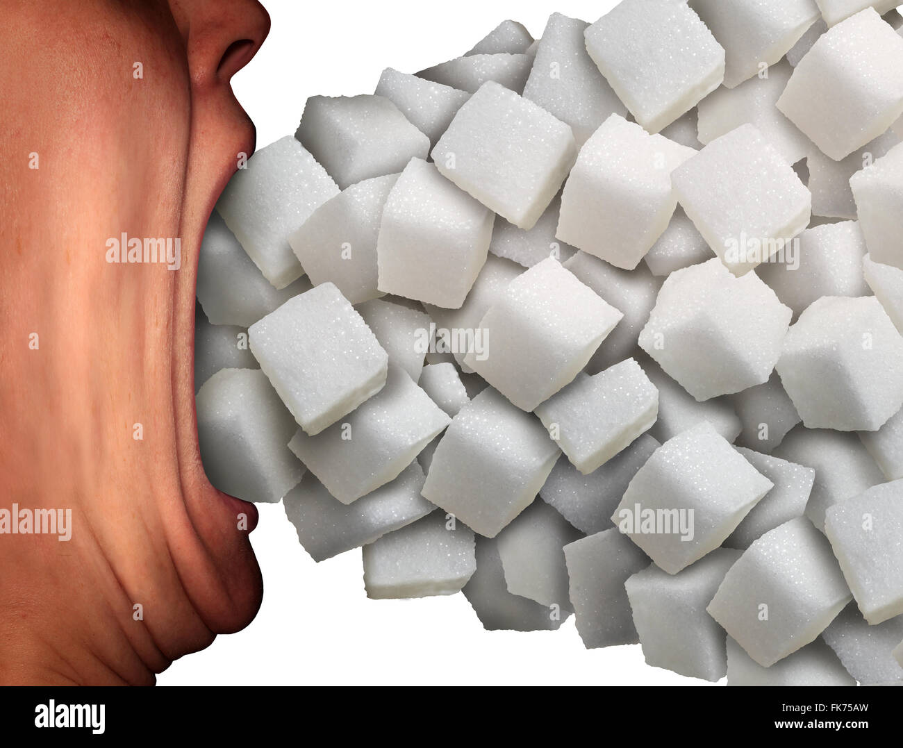 Zuviel Zucker medizinisches Konzept als eine Person mit einem weit geöffneten Mund essen eine große Gruppe von süßen granulierten raffinierten weißen Zuckerwürfel als Metapher für ungesunde Ernährung Gewohnheit oder Lebensmittel Zutat sucht. Stockfoto