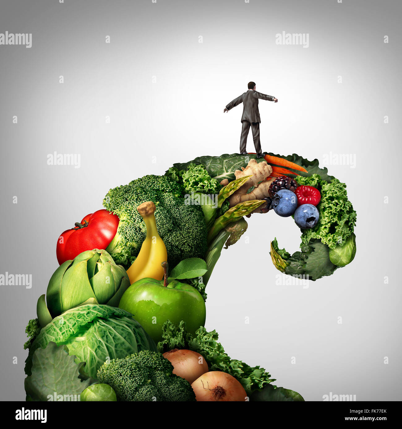 Gesundes Leben-Bewegung als eine Person auf eine Gruppe von Gemüse und Obst in Form einer Welle oder einer Flut, einen natürliche organische vegetarische Diät Trend darstellt. Stockfoto