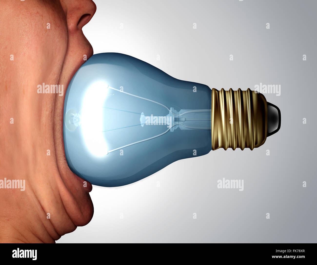 Kreative Diät-Konzept als ein offenem riesige menschliche Mund essen eine Glühlampe oder Glühbirne Objekt als geschäftliche Kommunikation Symbol und Marketing Kreativität Symbol. Stockfoto