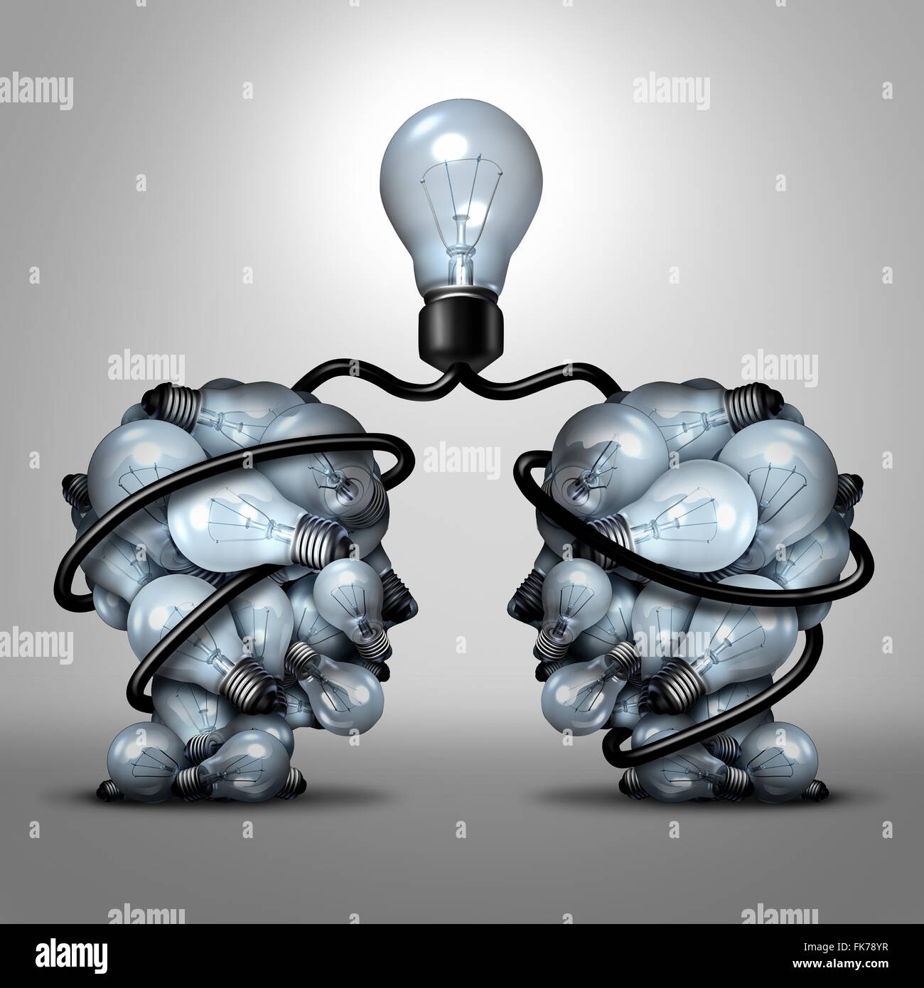 Kreative Einheit Partnerschaft Glühbirne als zwei Objektgruppen Glühbirne geformt wie ein menschlicher Kopf zusammenfügen für ein Teamprojekt als Konzept der Inspiration. Stockfoto
