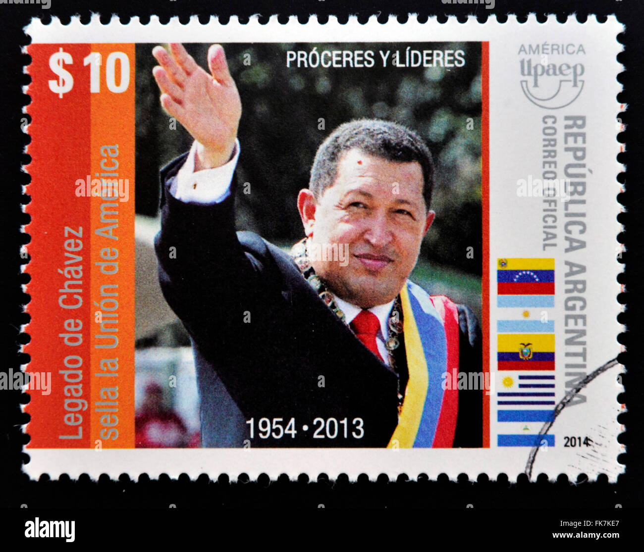 Argentinien - ca. 2014: Eine Briefmarke gedruckt in Argentinien zeigt Hugo Rafael Chávez (1954 – 2013), Präsident von Venezuela, ca. 2014 Stockfoto