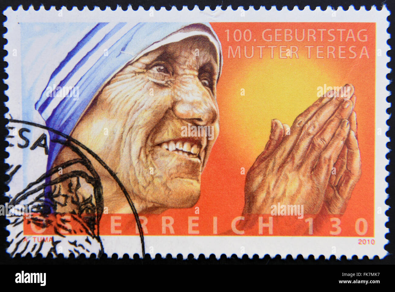 Österreich - ca. 2010: Eine Briefmarke in Österreich zeigen ein Bild von Mutter Teresa, ca. 2010 gedruckt. Stockfoto