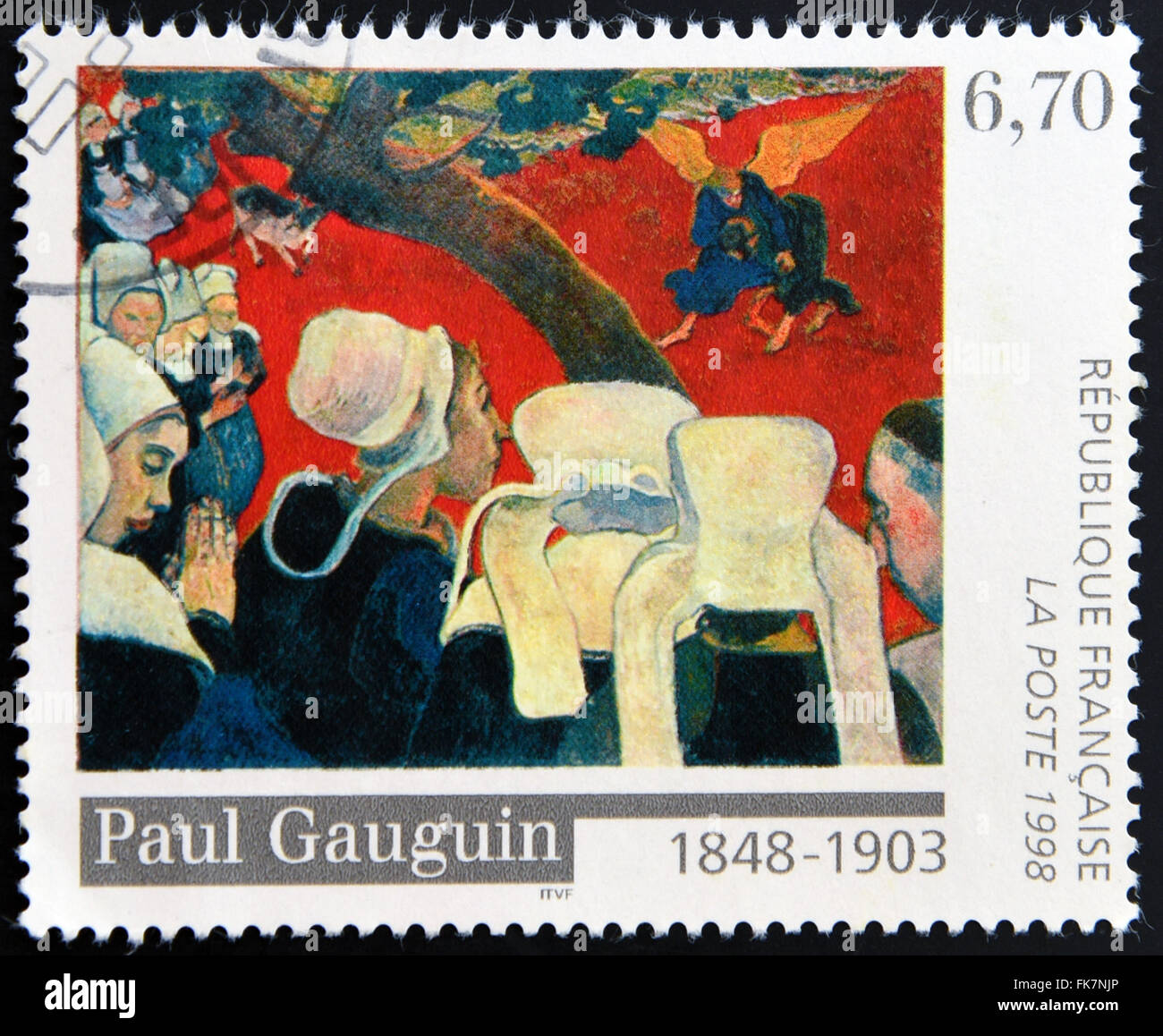 Frankreich - ca. 1998: Eine Briefmarke gedruckt in Frankreich zeigt die Arbeit "Vision nach der Predigt" von Paul Gauguin, ca. 1998 Stockfoto