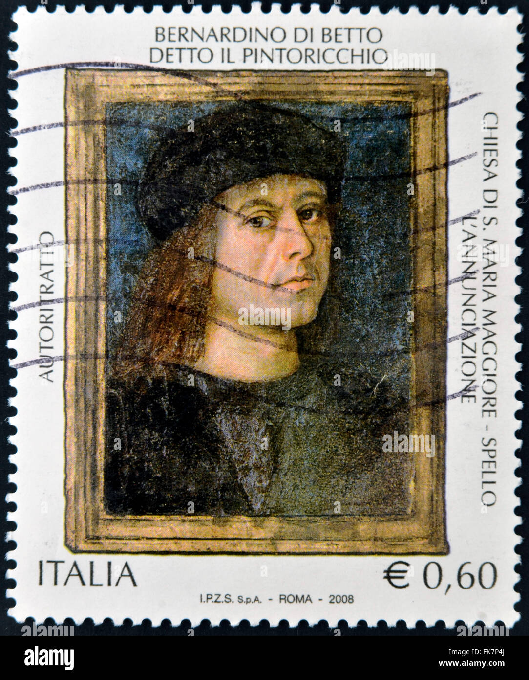 Italien - CIRCA 2008: Eine Briefmarke gedruckt in Italien zeigt Selbstporträt von Bernardino di Betto, Pinturicchio, ca. 2008 Stockfoto