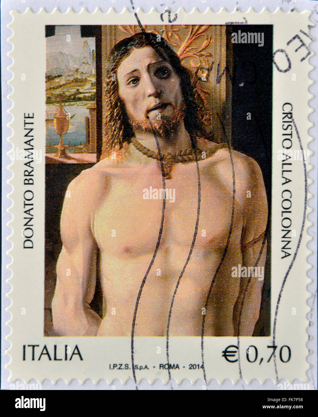 Italien - ca. 2014: Eine Briefmarke gedruckt in Italien zeigt Christus an der Säule von Donato Bramante, ca. 2014 Stockfoto