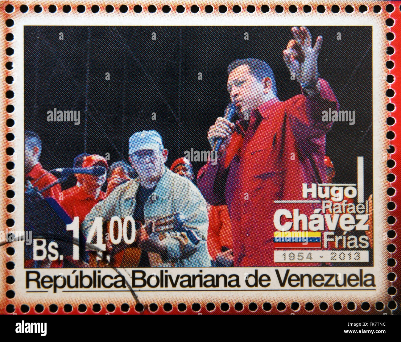 BOLIVARIAN Republik von VENEZUELA - ca. 2013: Eine Briefmarke gedruckt in Venezuela zeigt Hugo Rafael Chávez (1954 – 2013), Präsident Stockfoto