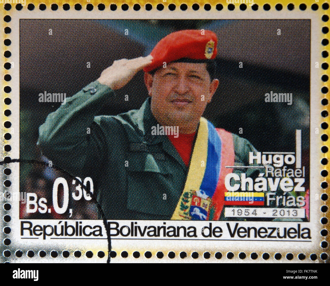 BOLIVARIAN Republik von VENEZUELA - ca. 2013: Eine Briefmarke gedruckt in Venezuela zeigt Hugo Rafael Chávez (1954 – 2013), Präsident Stockfoto