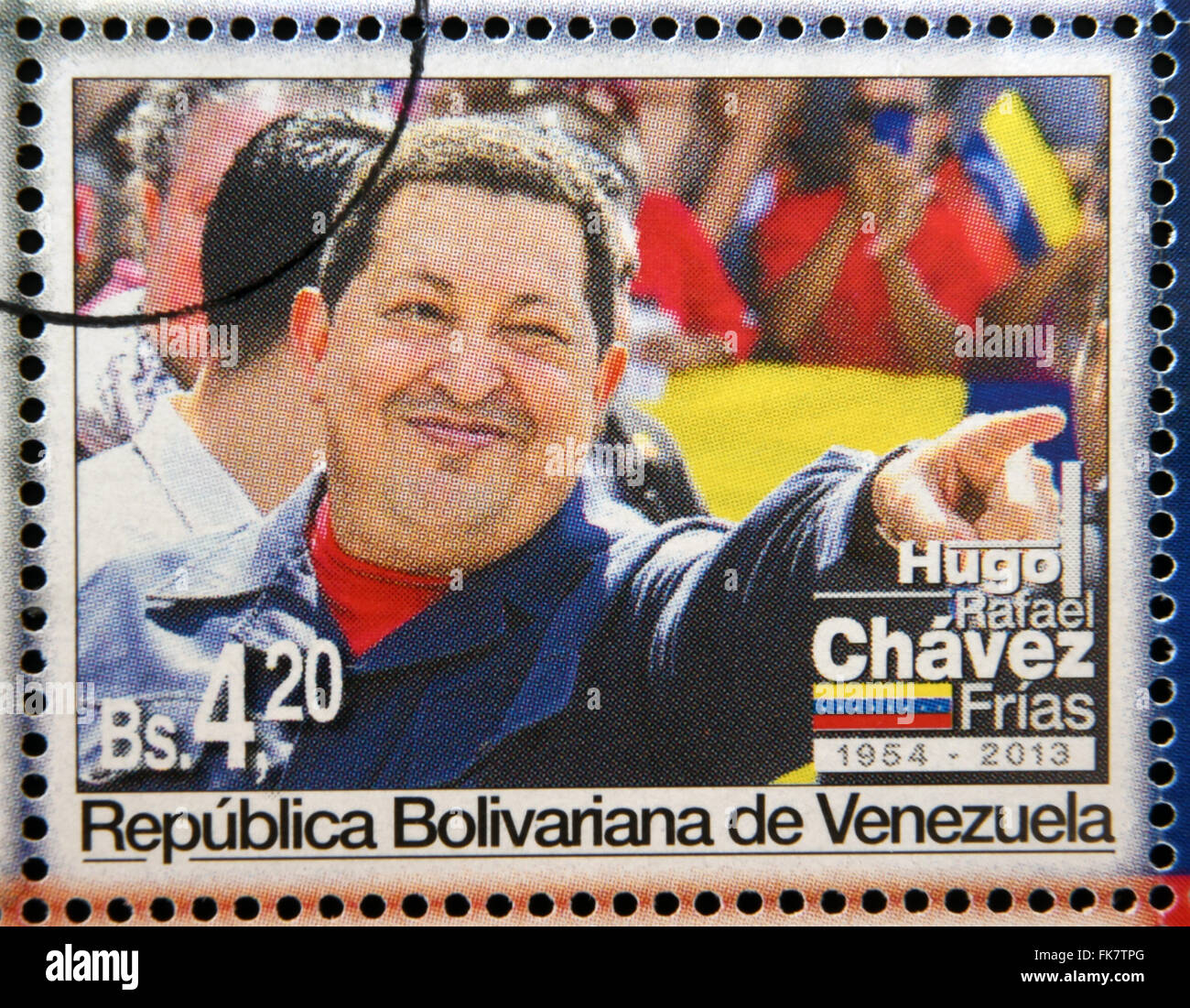 BOLIVARIAN Republik von VENEZUELA - ca. 2013: Eine Briefmarke gedruckt in Venezuela zeigt Hugo Rafael Chávez (1954 – 2013), Präsident Stockfoto