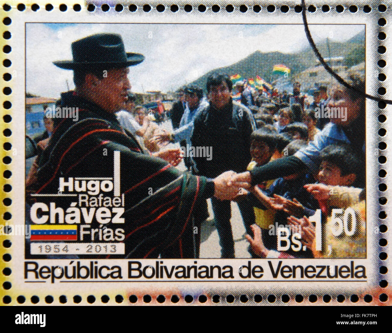 BOLIVARIAN Republik von VENEZUELA - ca. 2013: Eine Briefmarke gedruckt in Venezuela zeigt Hugo Rafael Chávez (1954 – 2013), Präsident Stockfoto