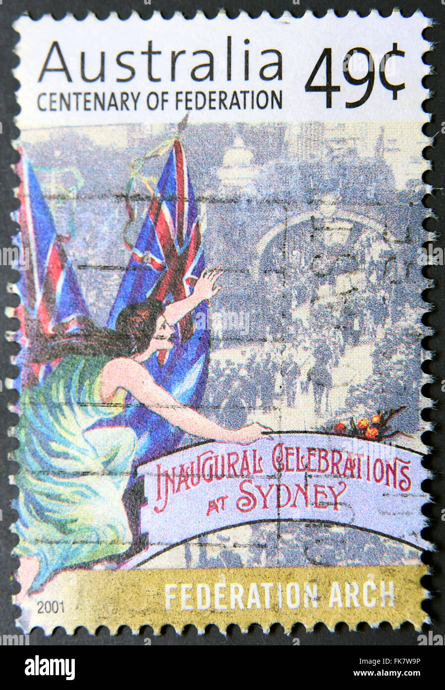 Australien - ca. 2001: P-Stempel von Australien anlässlich der Hundertjahrfeier der Föderation zeigt erste feiern in Sidney Stockfoto