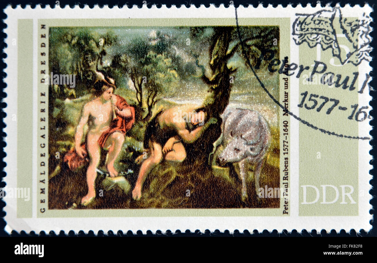 Deutschland - CIRCA 1977: eine Briefmarke gedruckt in DDR (Ostdeutschland) zeigt Merkur und Argus, Gemälde von Rubens, circa 1977 Stockfoto