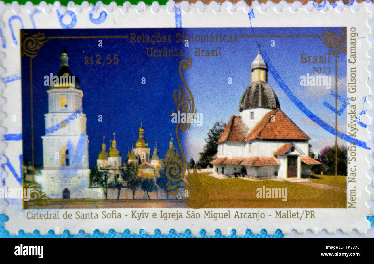 Brasilien - ca. 2011: Briefmarke gedruckt in Brasilien gewidmet diplomatische Beziehungen zwischen Brasilien und der Ukraine zeigt St. Sofia Cathe Stockfoto