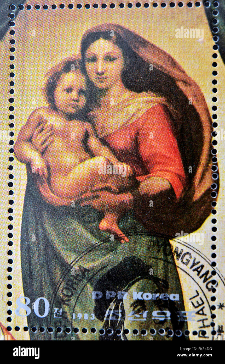 DPR KOREA - ca. 1983: Eine Briefmarke gedruckt in Nordkorea zeigt Sixtinische Madonna, Gemälde von Raffael, ca. 1983 Stockfoto
