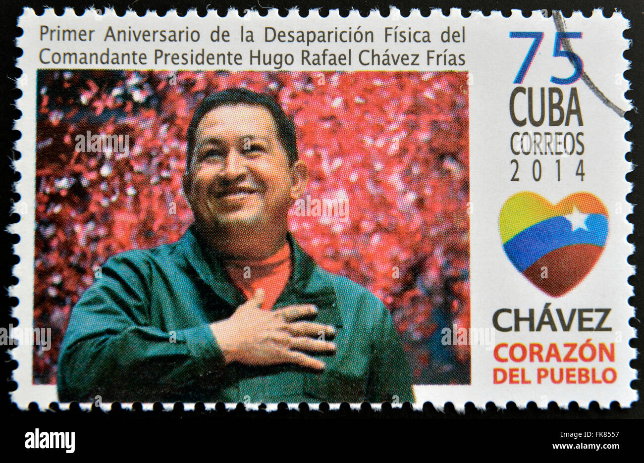 Kuba - ca. 2014: Eine Briefmarke gedruckt in Kuba zeigt Hugo Rafael Chávez (1954 – 2013), Präsident von Venezuela, ca. 2014 Stockfoto
