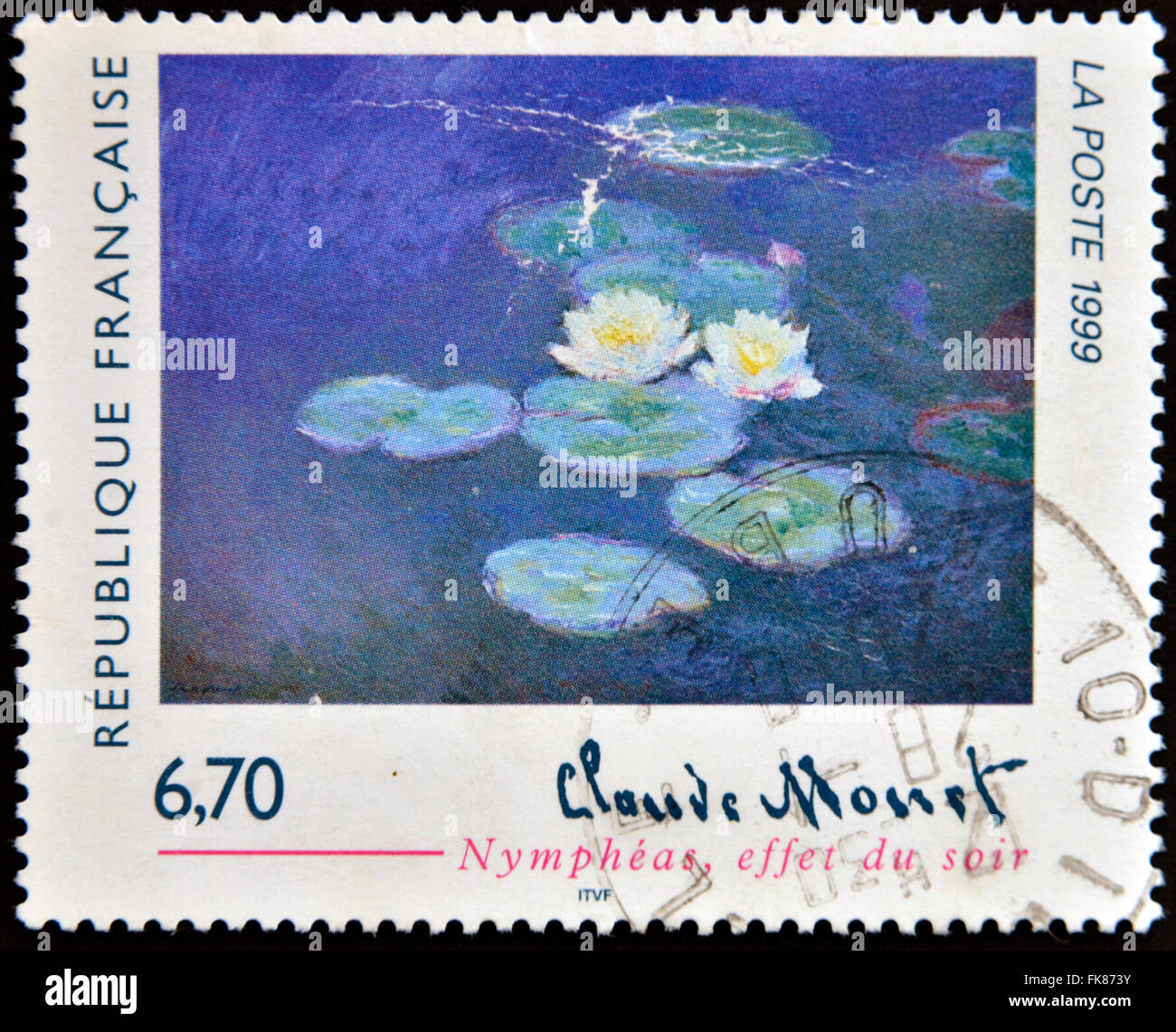 Frankreich - CIRCA 1999: Eine Briefmarke gedruckt in Frankreich zeigt Lilien, Abend Wirkung von Claude Monet, circa 1999 Stockfoto