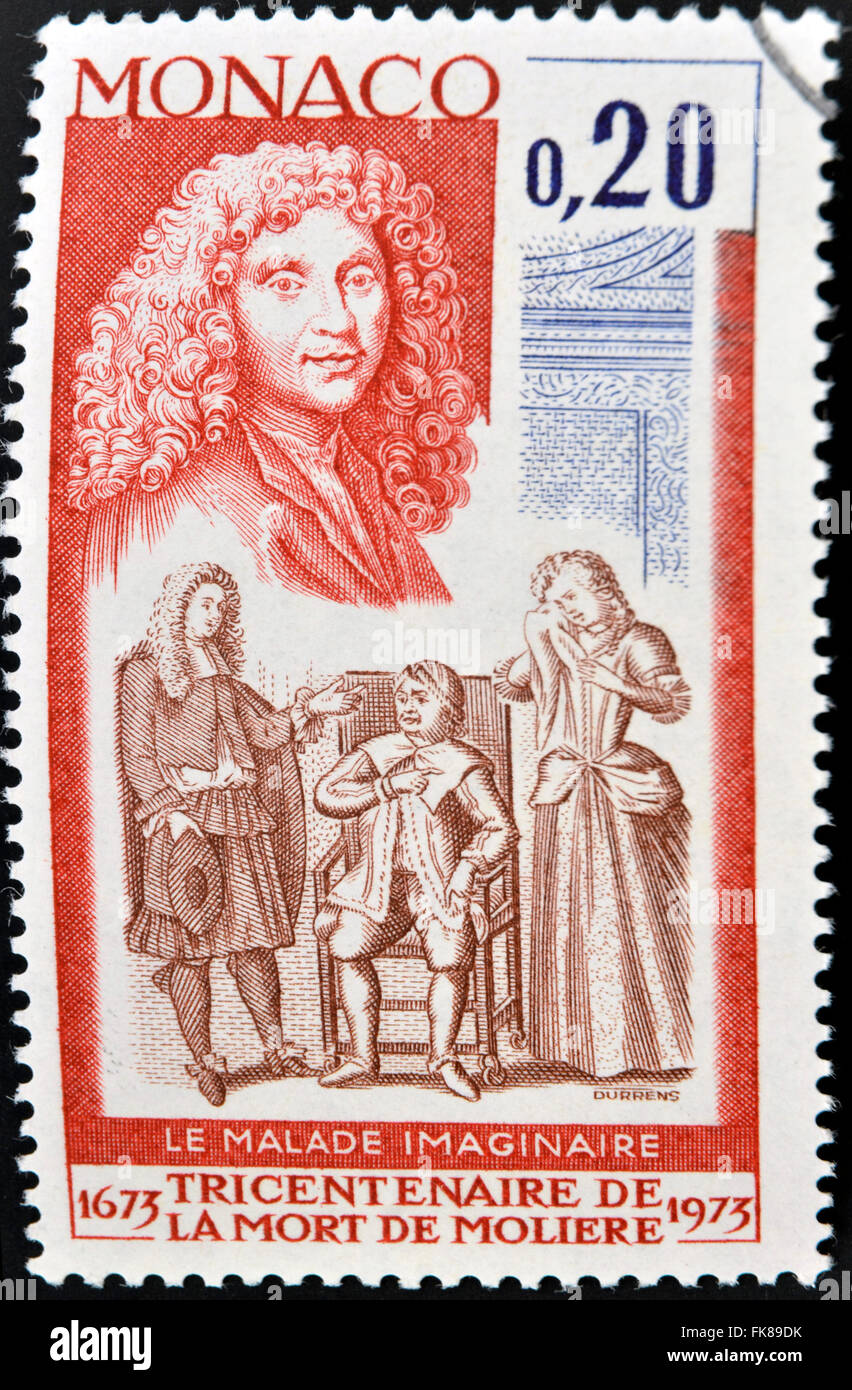 MONACO - CIRCA 1973: Eine Briefmarke gedruckt in Monaco zeigt die imaginäre ungültig von Moliere, ca. 1973 Stockfoto