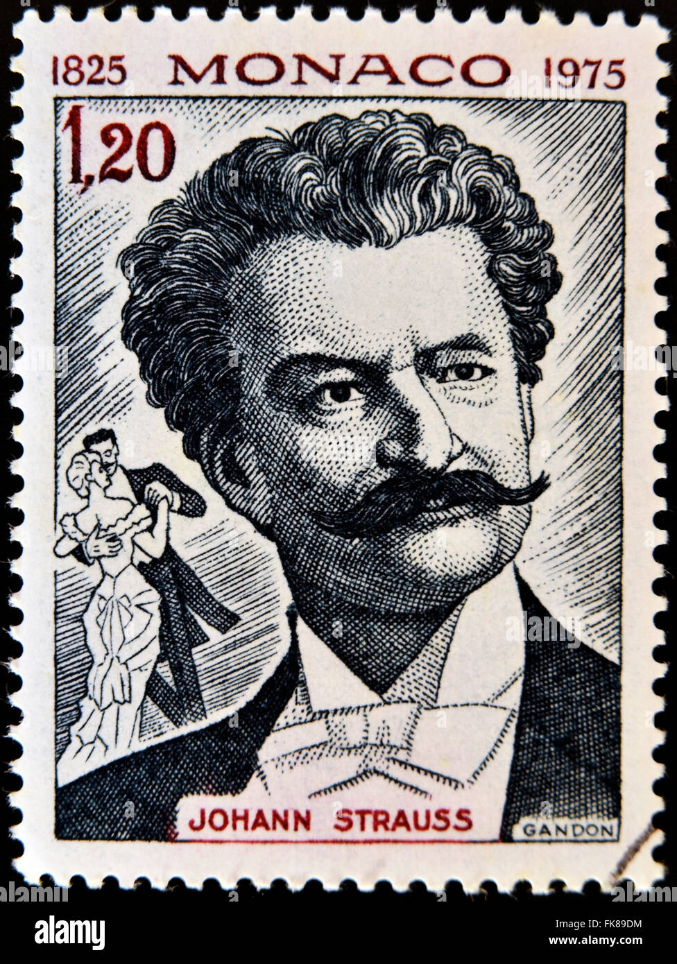 MONACO - ca. 1975: Eine Briefmarke gedruckt in Monaco zeigt Bild Porträt des berühmten österreichischen Komponisten Johann Strauss, ca. 197 Stockfoto