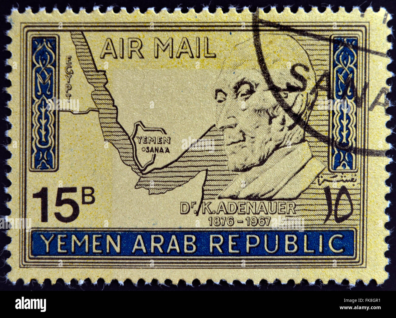 YEMEN ARAB REPUBLIC - ca. 1968: eine Briefmarke gedruckt übergetreten zeigt Konrad Adenauer, deutscher Politiker, Bundeskanzler der Bundesrepublik Deutschland Stockfoto