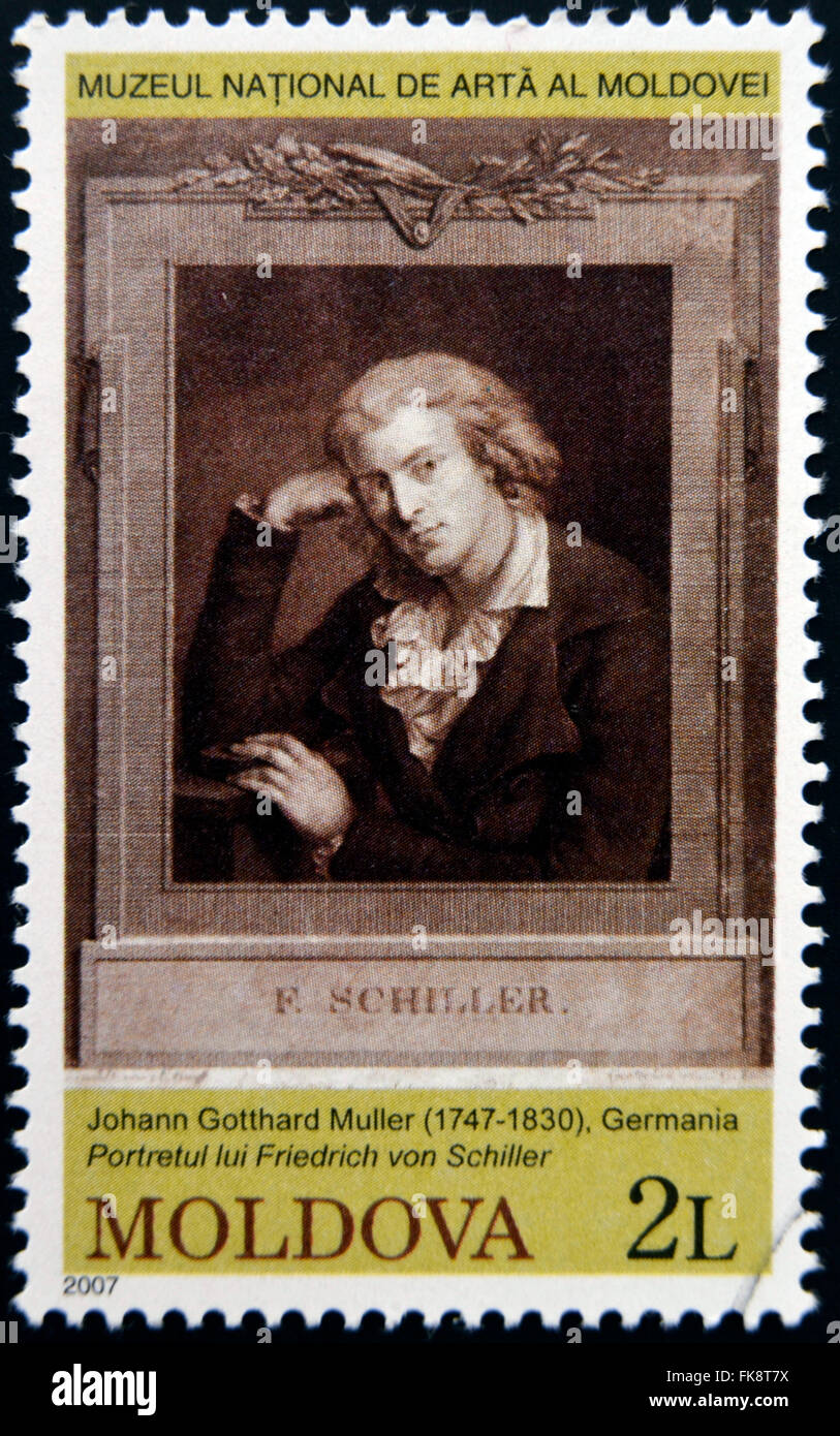 Moldawien - CIRCA 2007: Briefmarke gedruckt in der Republik Moldau widmet sich Werke aus dem Nationalmuseum für Kunst, zeigt Friedrich von Schiller Stockfoto