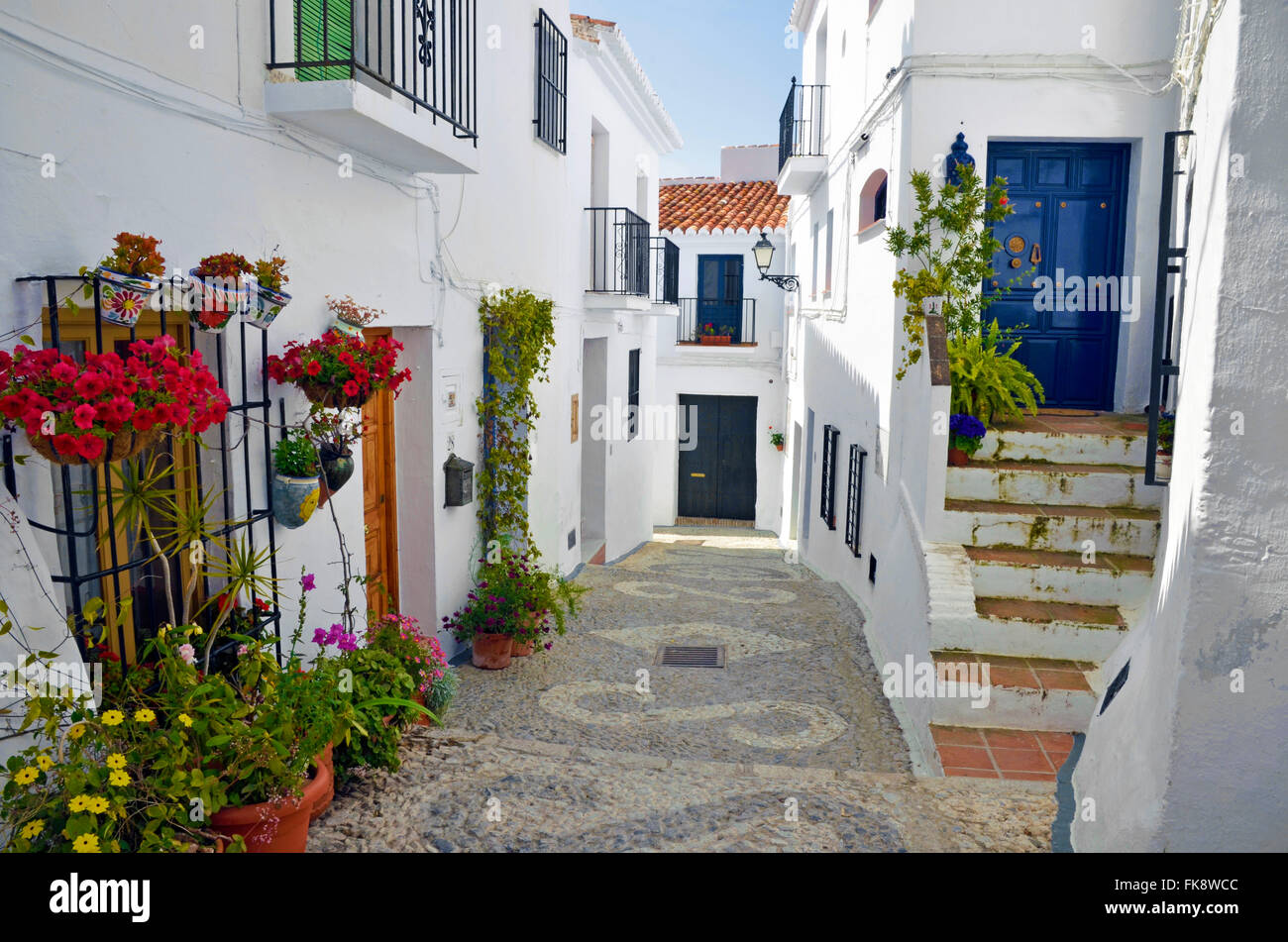 Stadthäuser entlang einer typisch weiß getünchten Dorfstraße, Frigiliana, Spanien Stockfoto