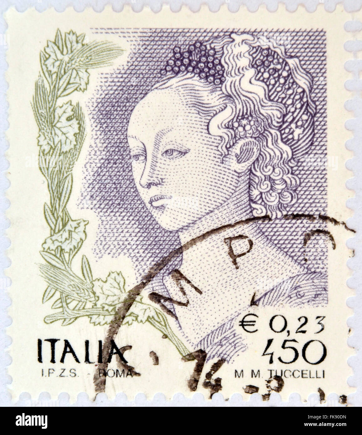 Italien - ca. 2002: Eine Briefmarke gedruckt in Italien zeigt Details von Mary Magdalene in "das Fest des Herodes und Salomes Tanz" Stockfoto